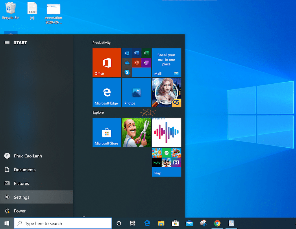 Mở settings Windows 10