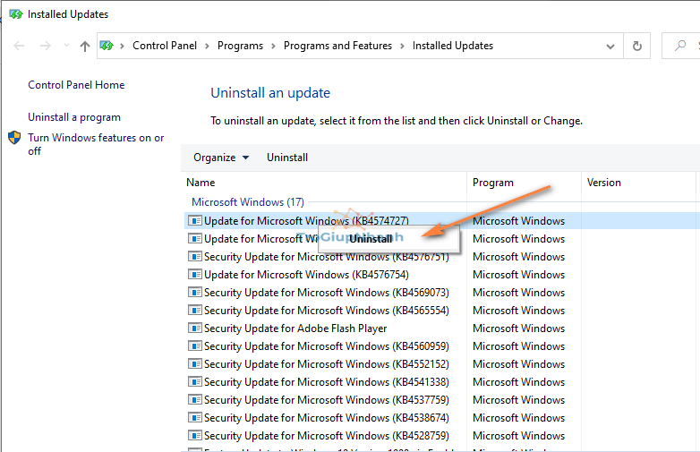 Gỡ gói update windows 10