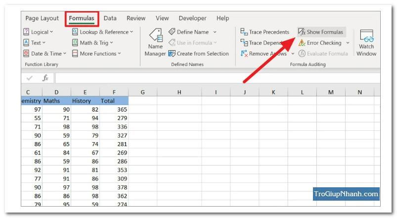 hiển thị công thức trong excel