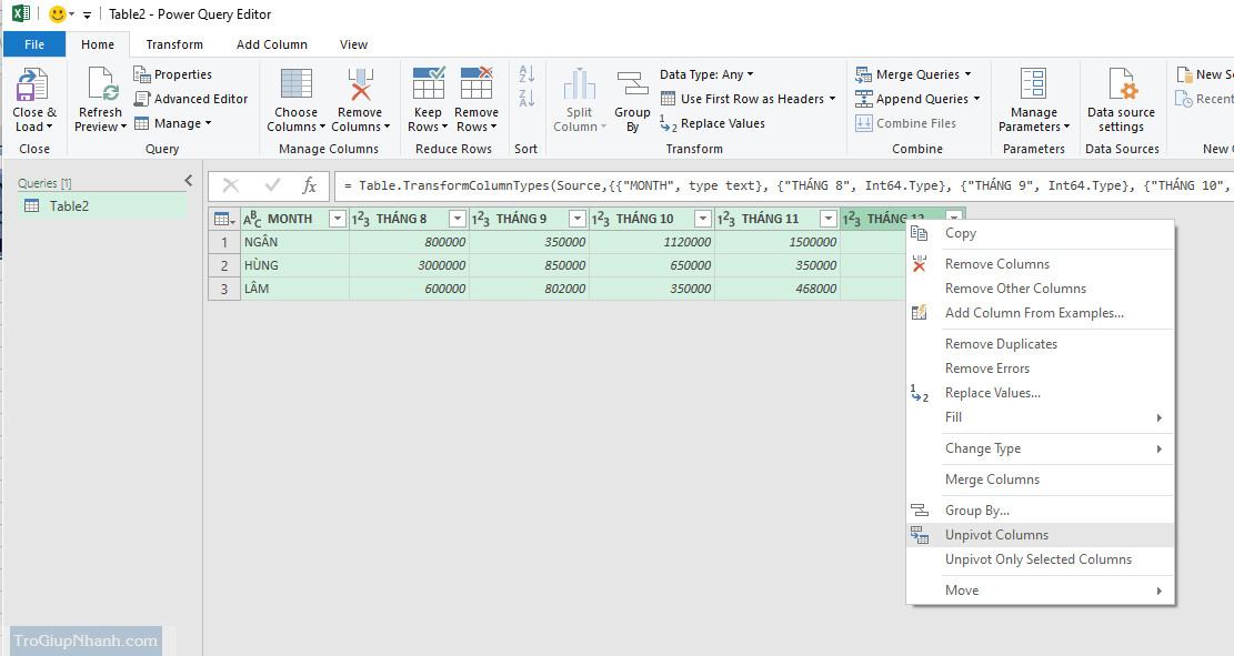 Chuyển dữ liệu từ ngang sang dọc Excel