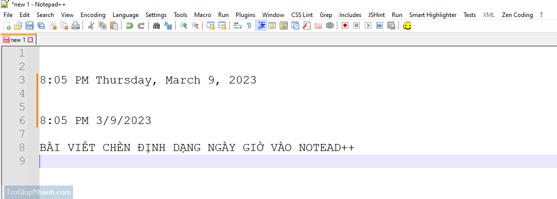 chèn ngày và giờ vào notepad ++