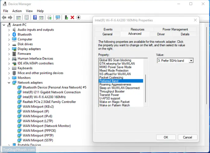 Bật 5Ghz trên Windows 11
